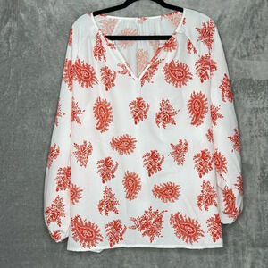 Amazon XL Shirt Top White Orange Paisley Long Sleeve V Neck Sheer Stretch Women